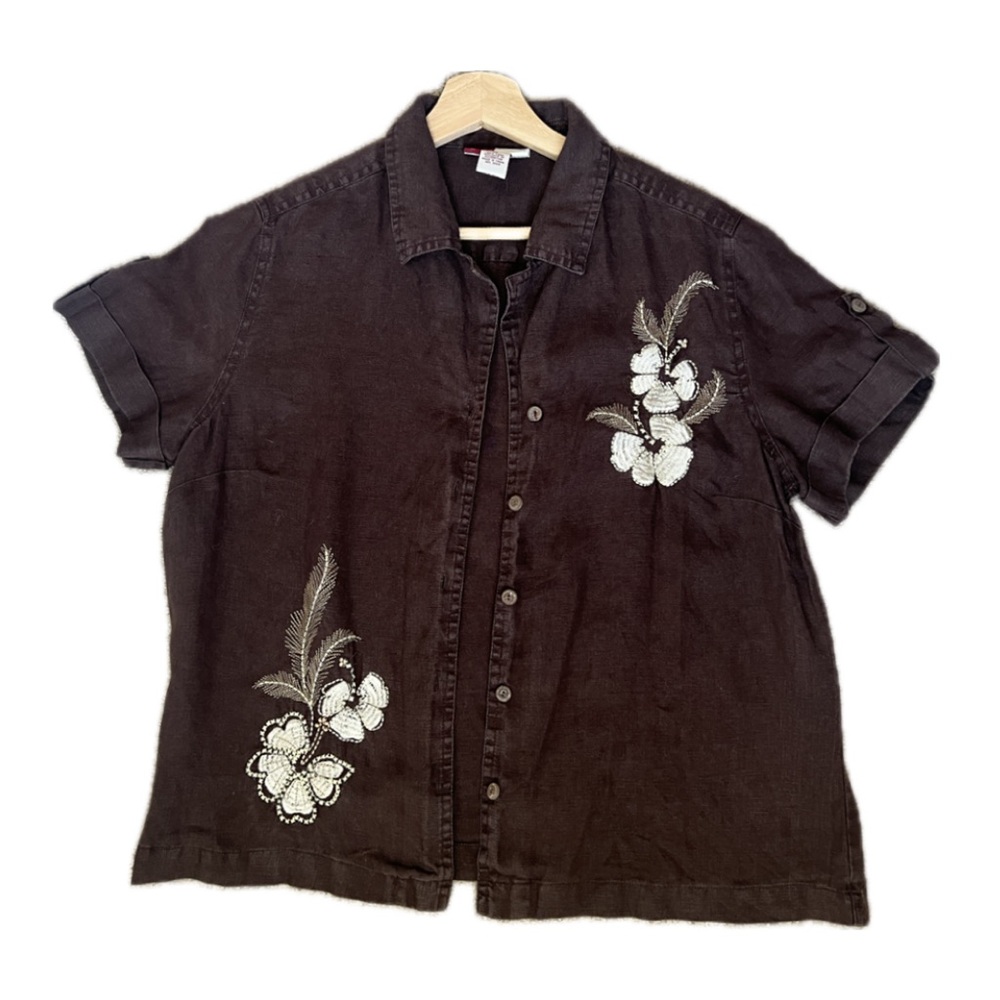 JM Collection Womens Top Size 10 Brown Embroidered Floral 100% Linen Button Up